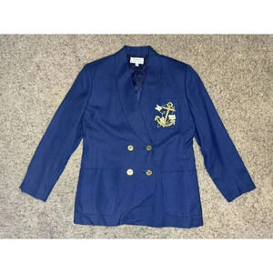 TALBOTS VINTAGE Women Petite Navy Double Breasted Nautical Blazer Jacket Linen 6